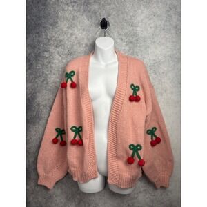 Luna Ivy Pink 3D Cherry Knit Open Chunky Soft Cardigan Sweater Pink Size Large